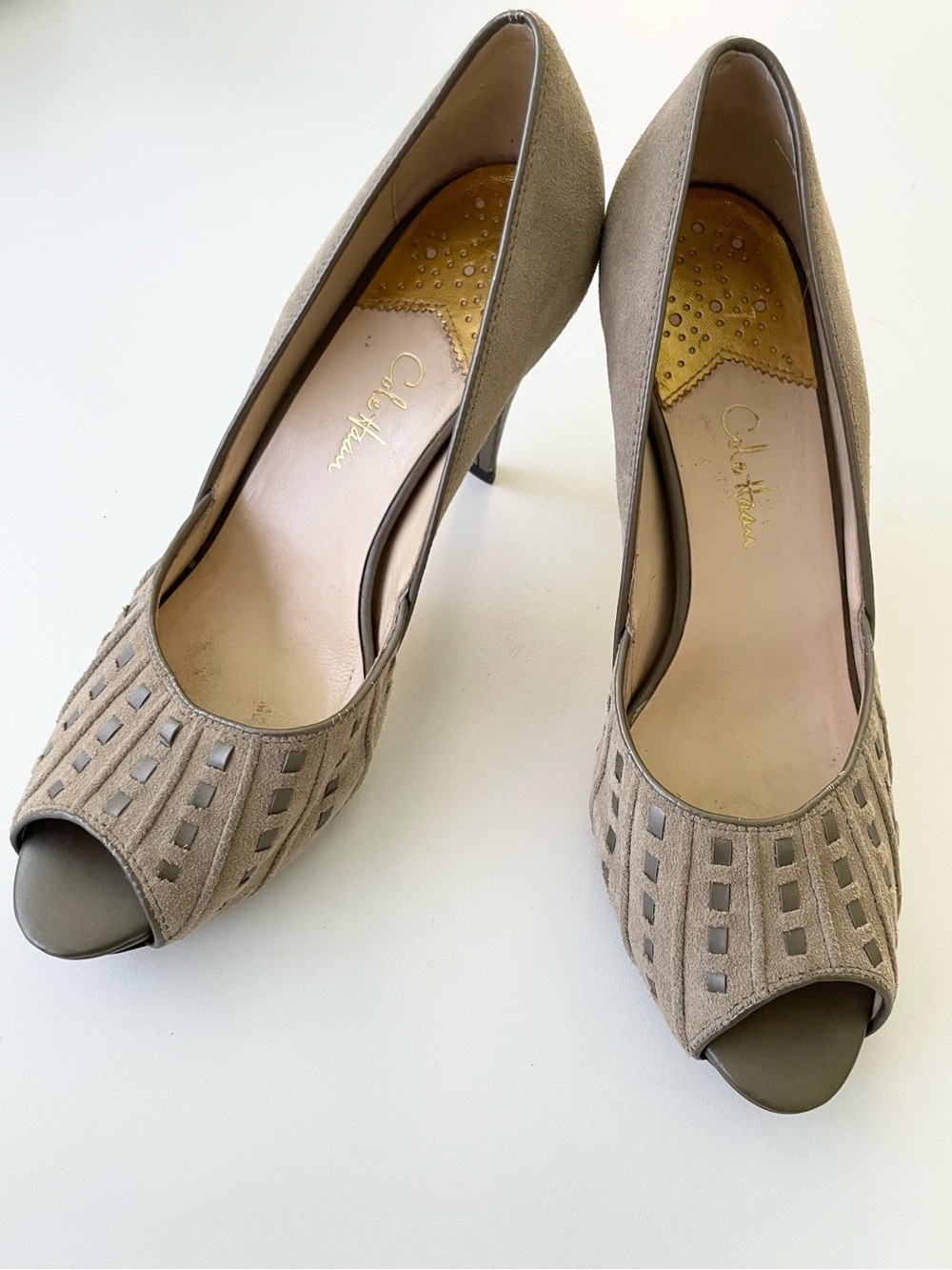 Cole Haan Melinda Air Pump Taupe Suede Pump Heel Peep-Toe sz 8 Brown Nike Air